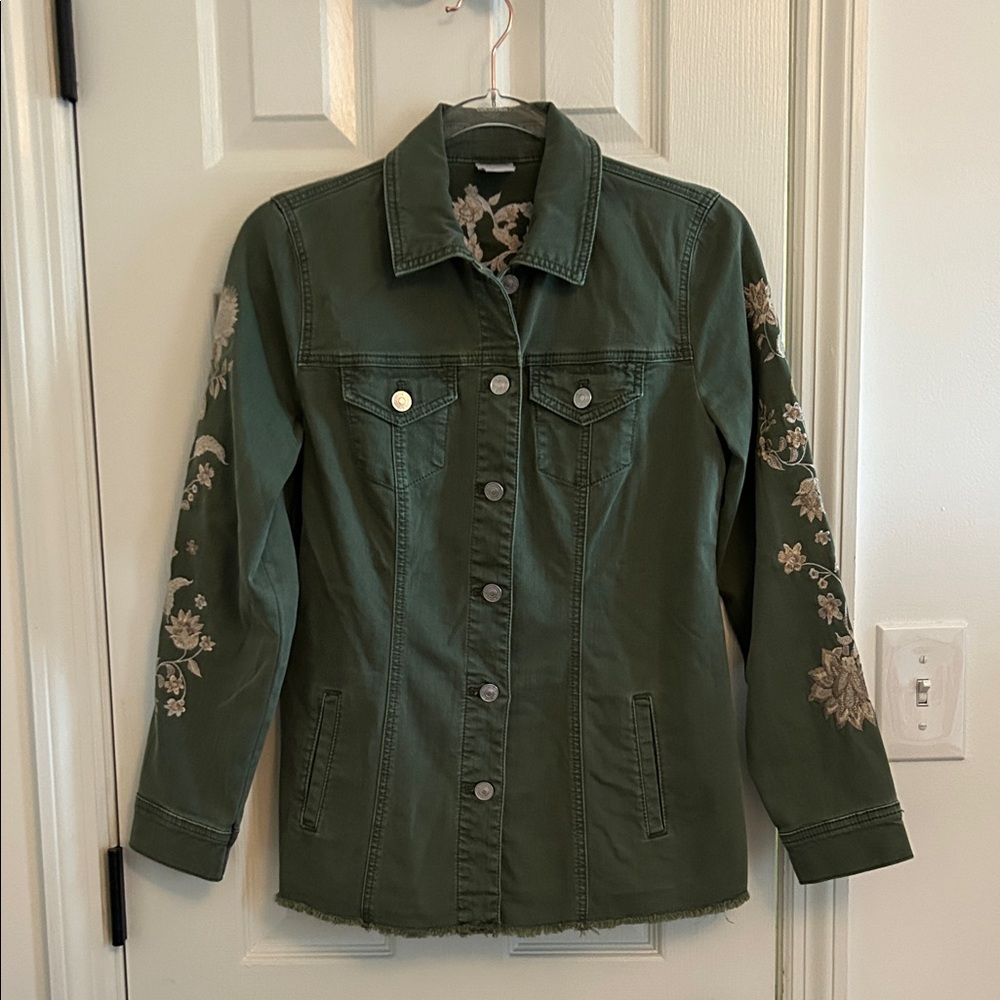Chico's Olive Utility Jacket with Floral Embroidery